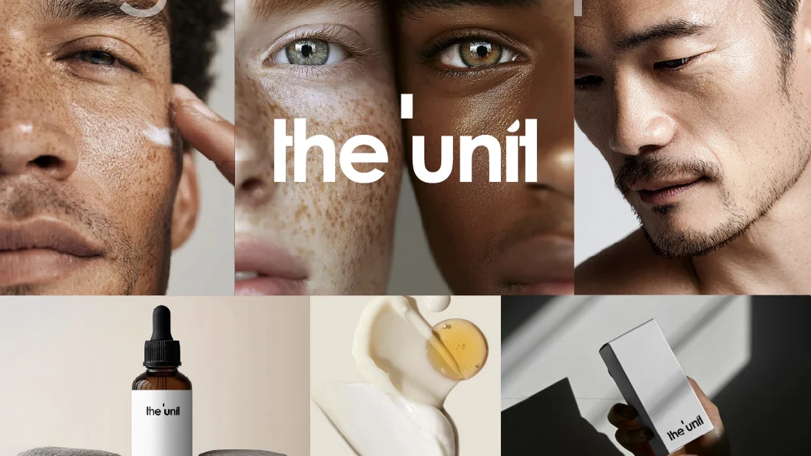 The Unit inclusive beauty concept with diverse faces and minimal skincare packaging