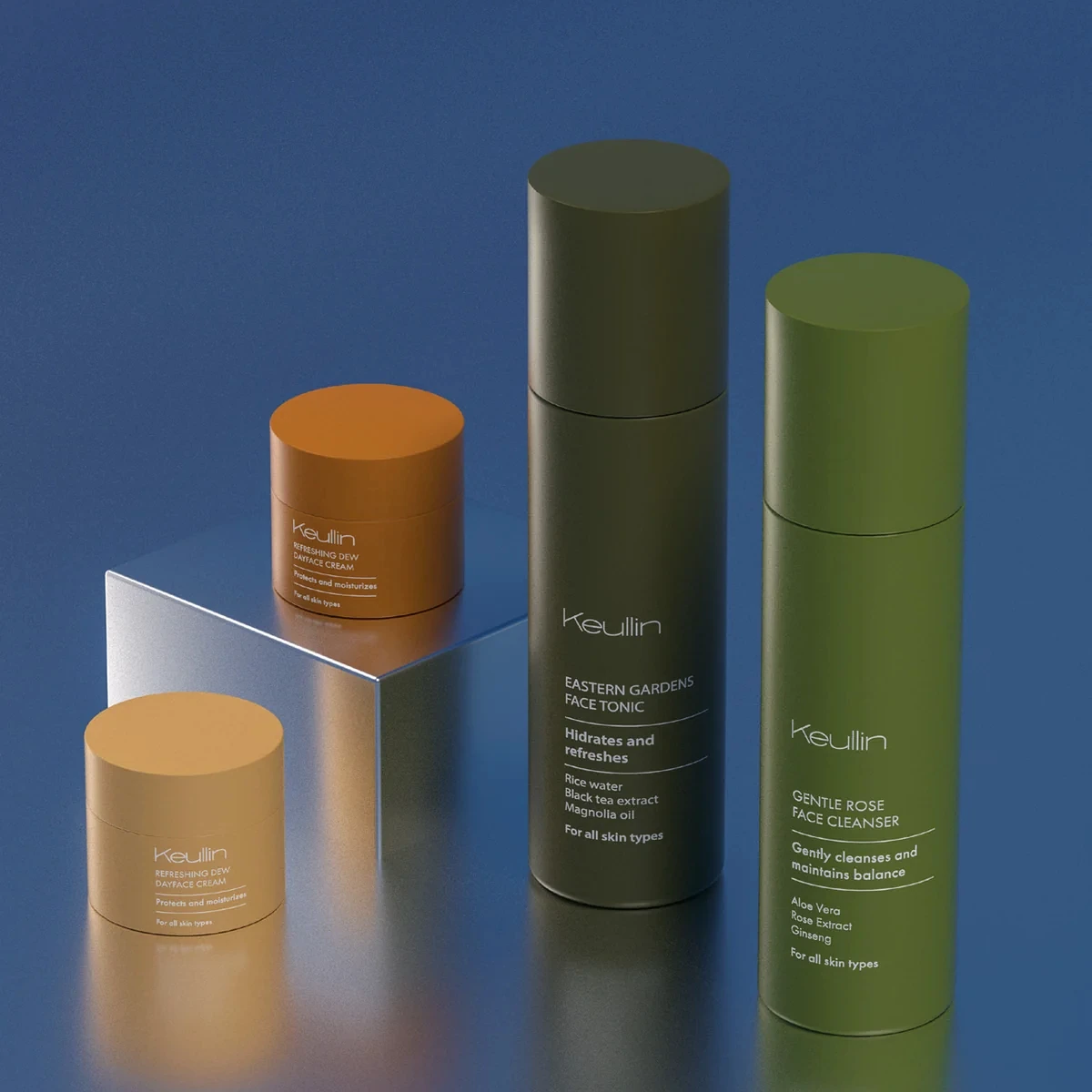 Keullin cosmetic packaging rendered in Cinema 4D with olive and ochre containers