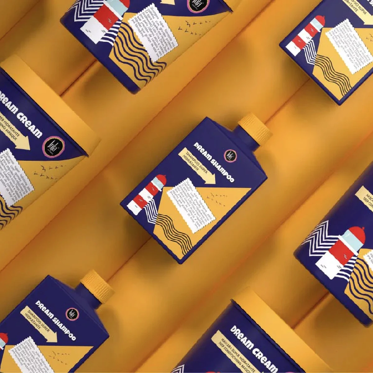 LOLA hair-care packaging with bold navy, yellow and orange graphics