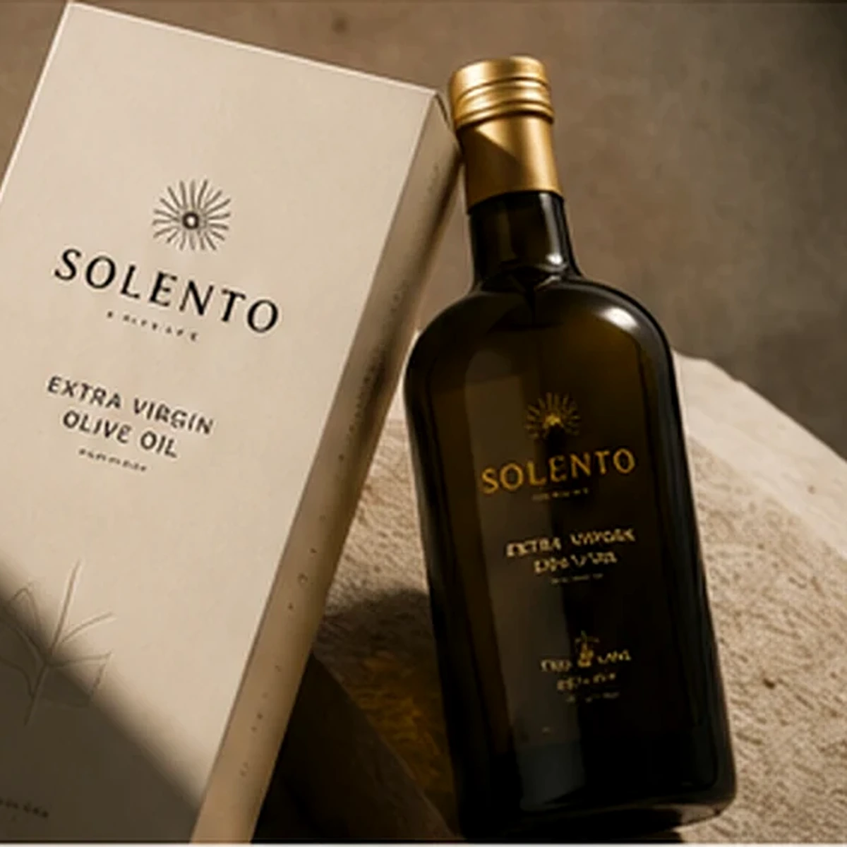 Solento premium olive oil packaging with bottle and embossed presentation box