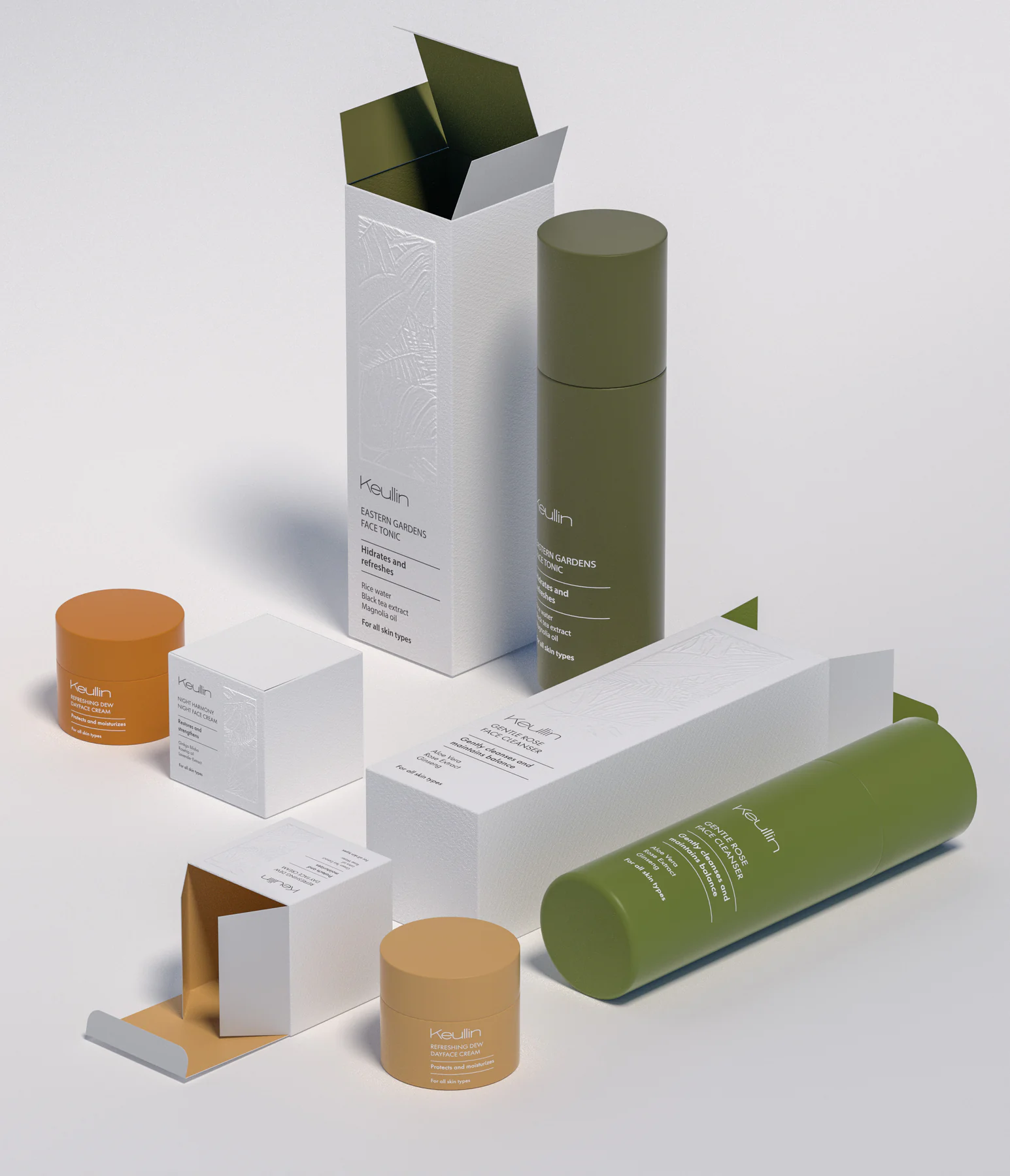 Gama de packaging cosmético KEULLIN del portfolio de Alexandra Storubleva