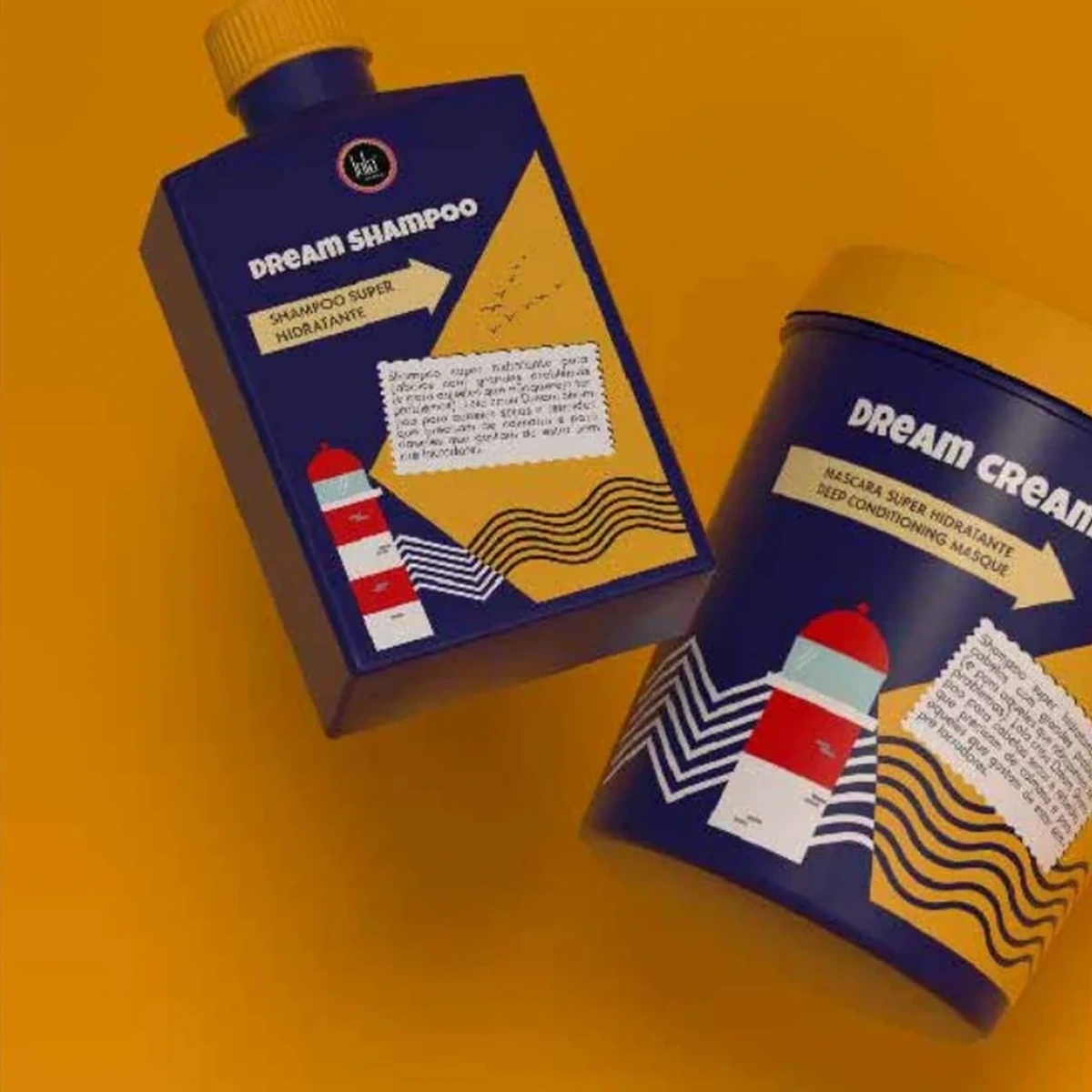 Packaging capilar LOLA en azul marino, amarillo y naranja