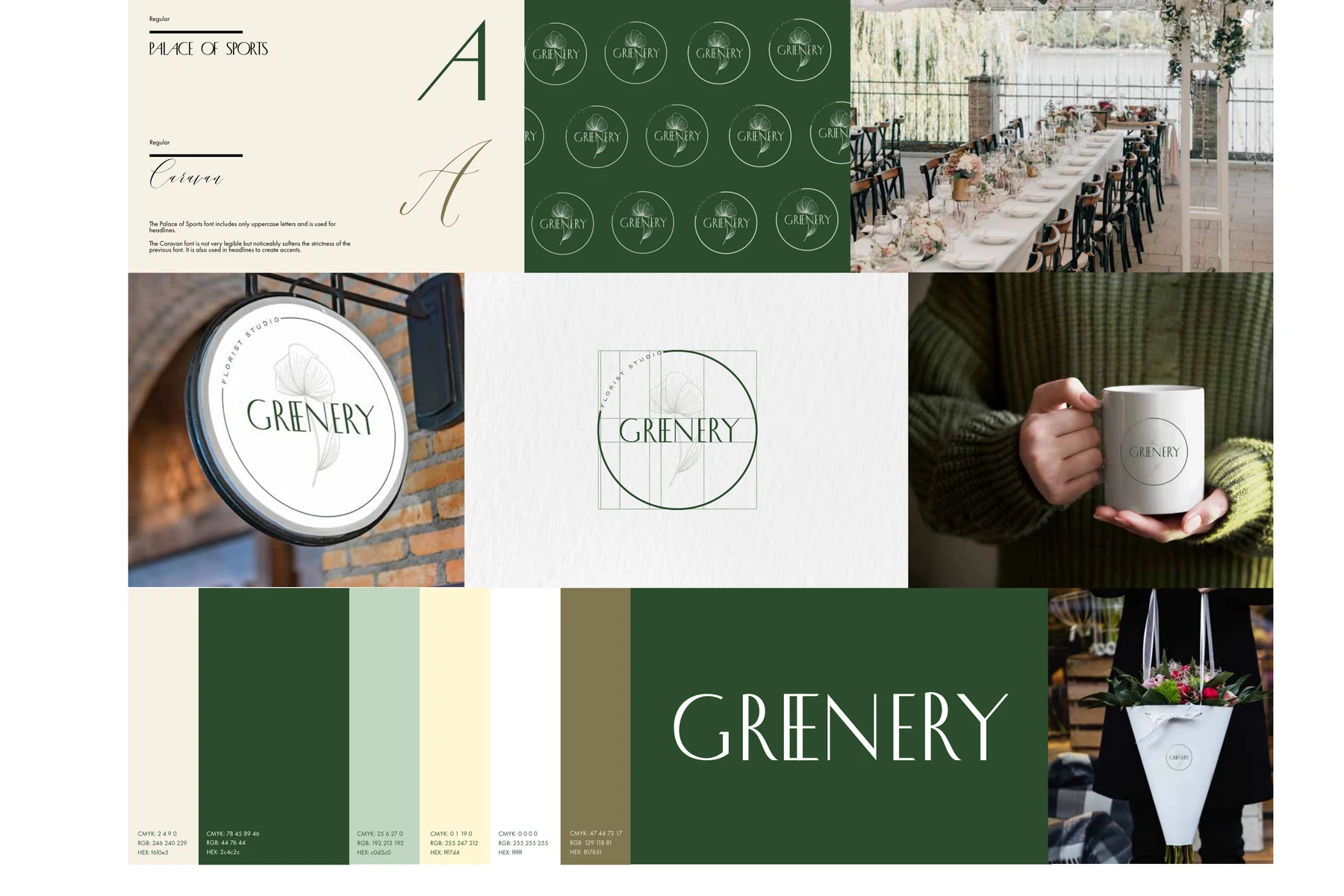 Greenery florist brand identity with logo construction, signage, typography and natural green palette