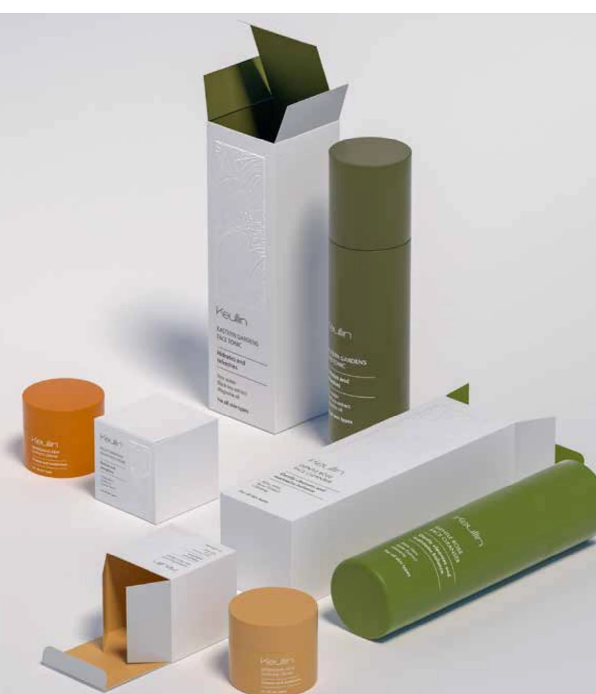 KEULLIN cosmetic range with green, amber and white containers