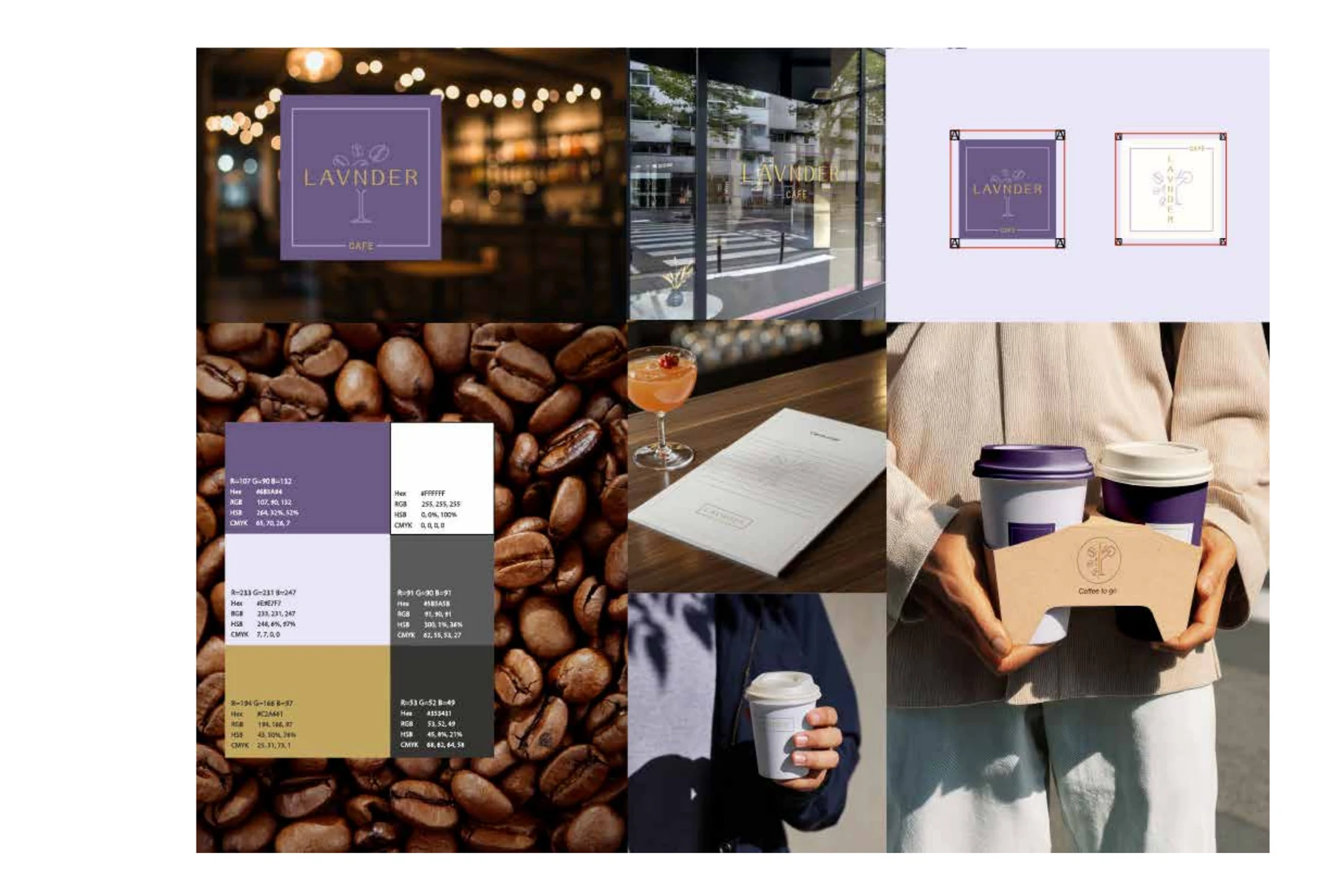 LAVNDER cafe brand identity and takeaway packaging