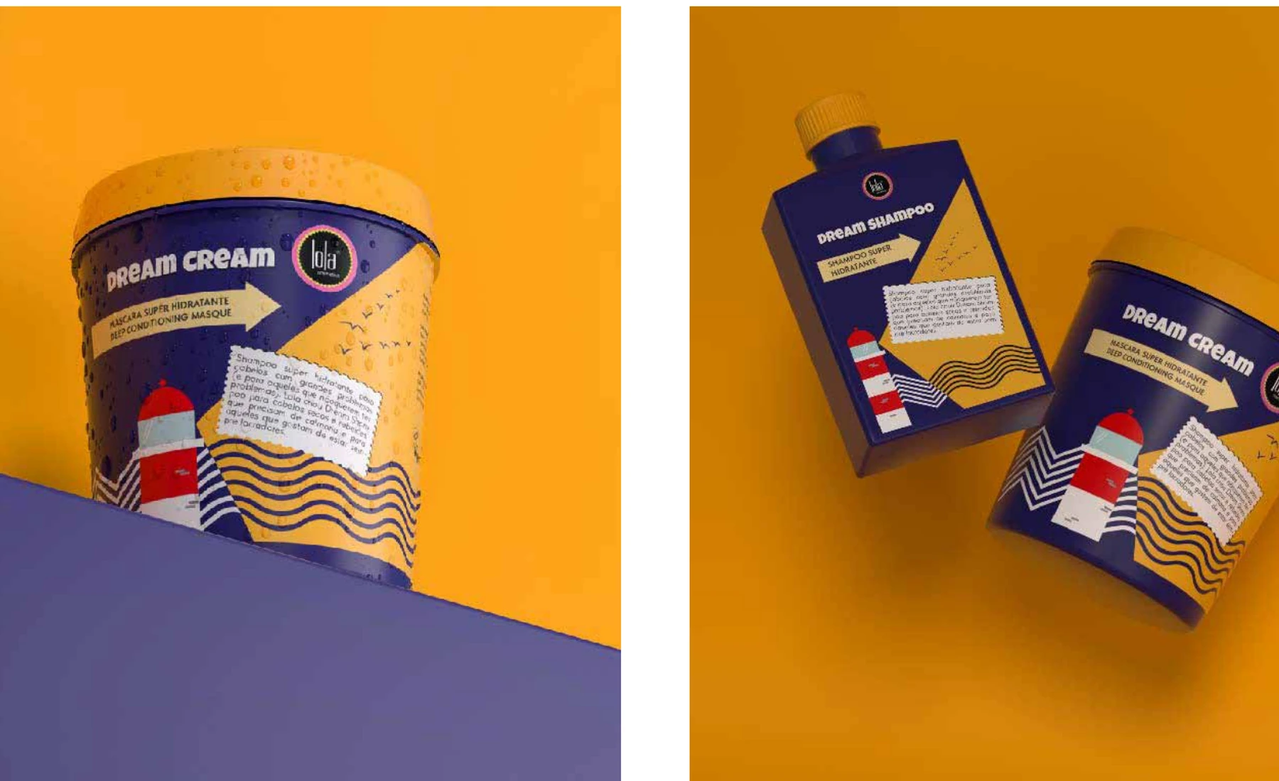 LOLA hair-care packaging in navy, yellow and orange with graphic lighthouse illustrations