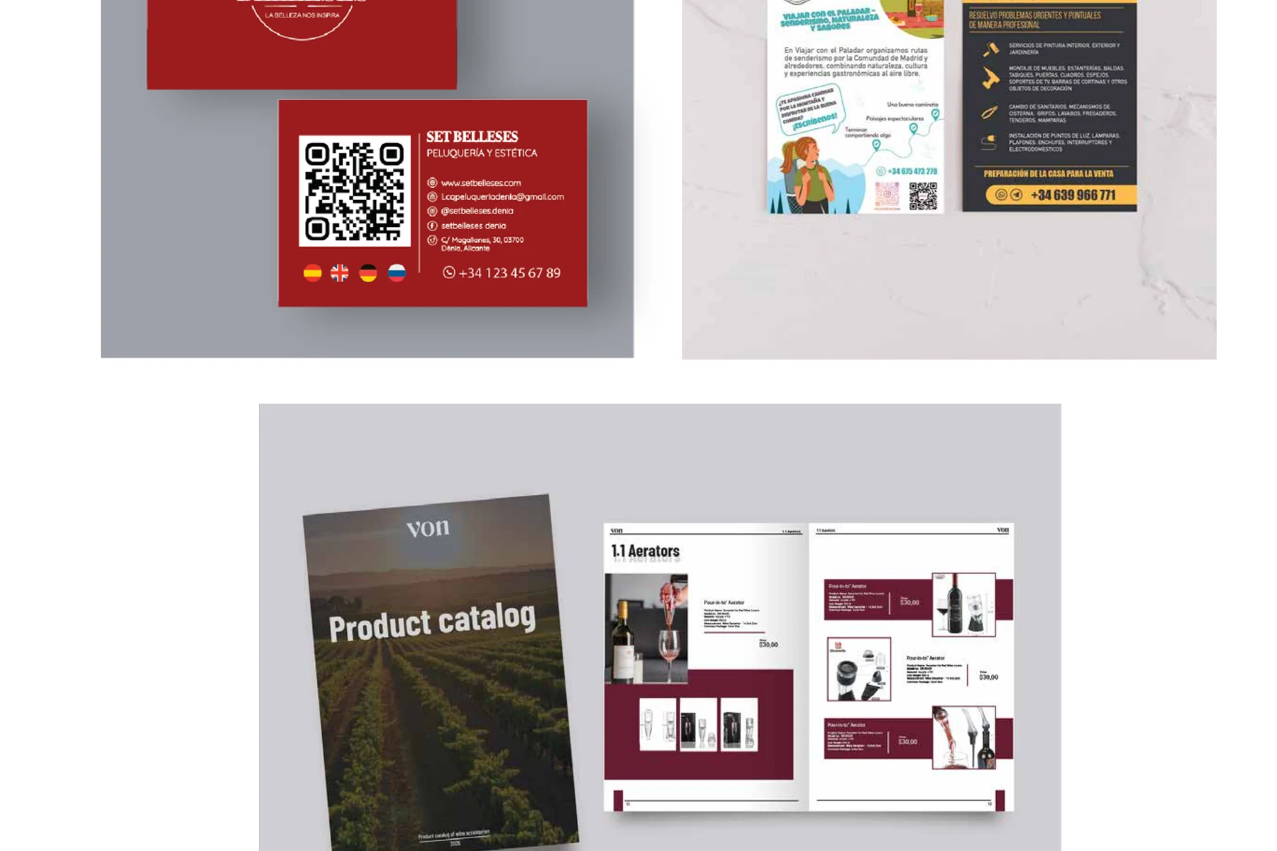 Print production portfolio with business cards, flyers and a multi-page product catalogue