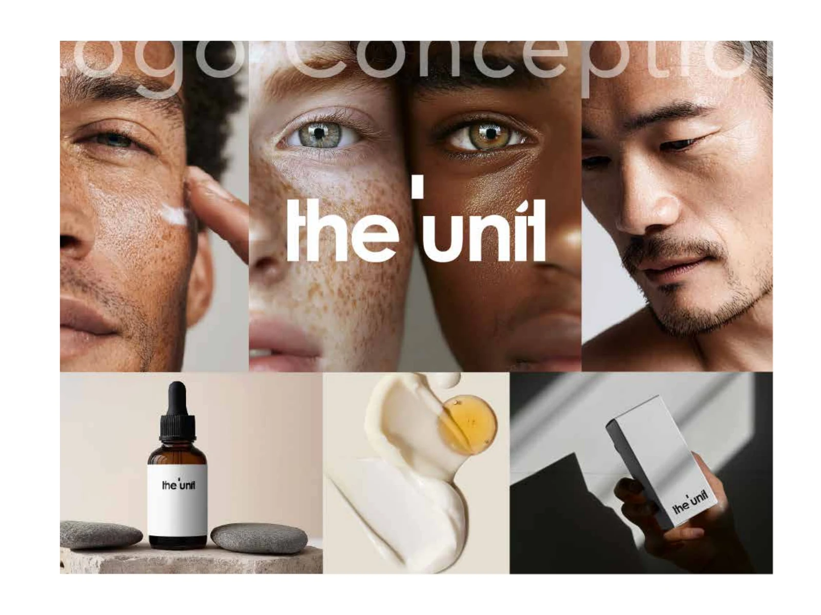 The Uni inclusive skincare visual direction with diverse faces and minimal product packaging